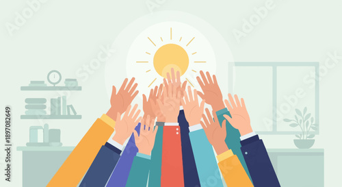 Diverse hands reaching up towards a glowing sun in an office setting