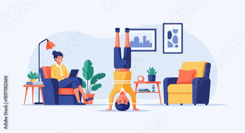 Diverse home activities A person relaxes with a laptop while another practices a handstand