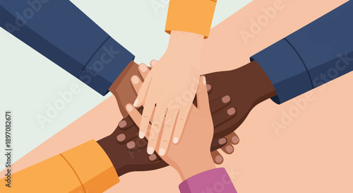 Diverse hands united in a circle, representing teamwork and community