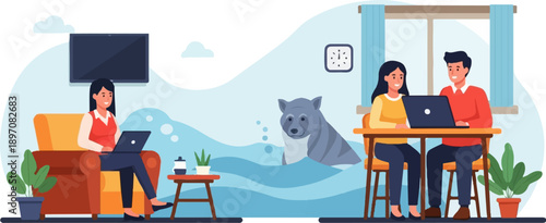 Diverse individuals and a dog work collaboratively near a window indoors