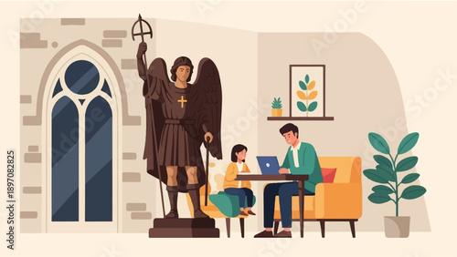 Father and daughter working on laptop by statue and window