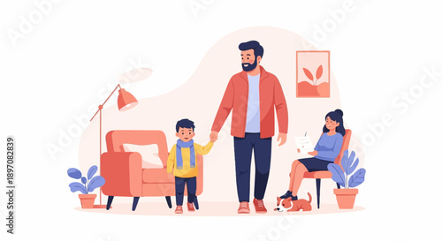 Father and son walk, mother sits with dog and plant