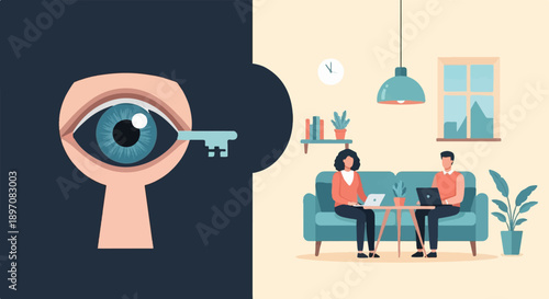 Eye sees keyhole, people work remotely on laptops in a cozy room
