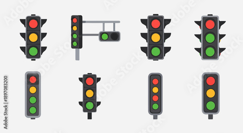 Eight varied traffic signals display red, yellow, and green lights