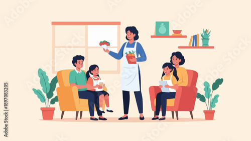 Family in living room, mother brings food while children read books