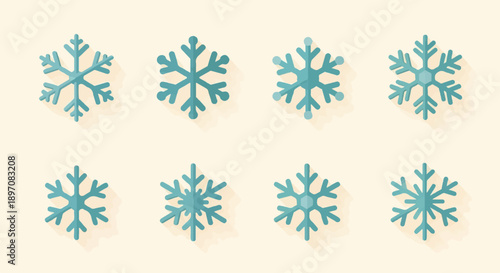 Eight unique light blue snowflake icons with subtle shadows on a cream background