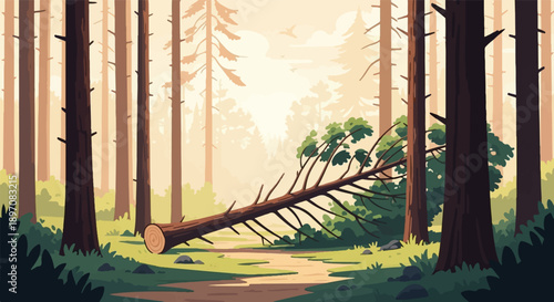 Fallen tree in a sun-dappled pixel art forest clearing