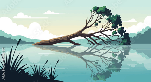 Fallen tree stretches across still water, casting reflection on calm surface