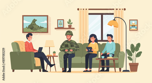 Family gathers in living room, soldier home for visit