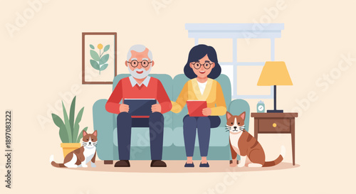 Elderly couple and cats relax on sofa with tablets indoors