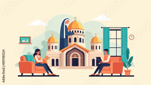 Family home scene with religious building background