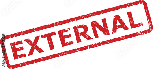 A distinct red grunge style rubber stamp presenting the word EXTERNAL on a bright white background