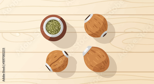 Flat lay of yerba mate and coconuts on a wooden surface