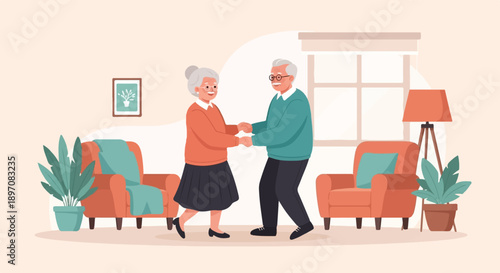 Elderly couple dancing joyfully in their cozy, plant-filled living room