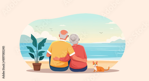 Elderly couple and dog enjoy a tranquil beach sunset, a peaceful moment