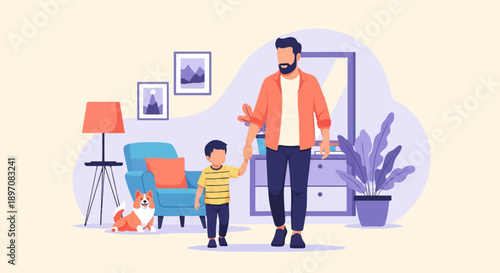 Father and child hold hands with a dog and plant in the room