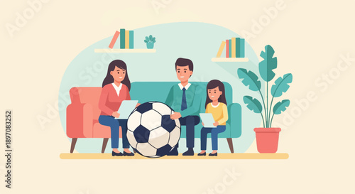 Family gathers around a soccer ball on a sofa, holding papers