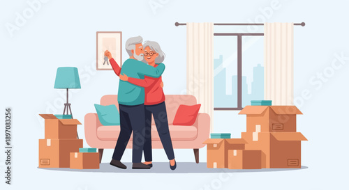 Elderly couple embraces joyfully in their new home surrounded by moving boxes