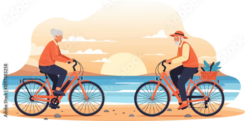 Elderly couple cycling by the ocean at sunset