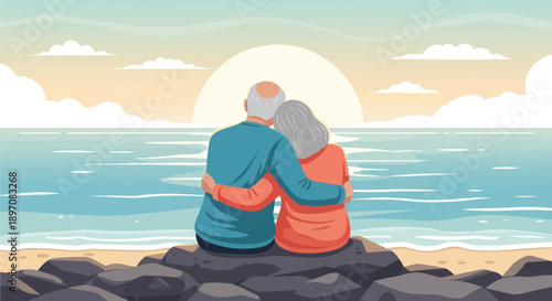 Elderly couple embracing on rocks overlooking ocean at sunset
