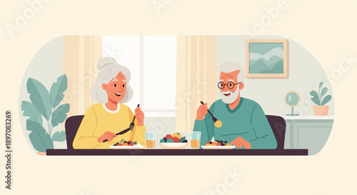 Elderly couple enjoying a healthy meal together at home