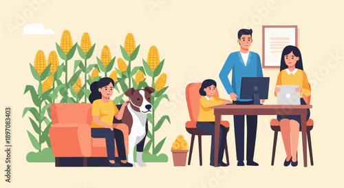 Family with dog and cornfield backdrop, working indoors