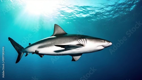 Wallpaper Mural A sleek, powerful shark swims in the ocean, sunlight beams down from the surface Torontodigital.ca