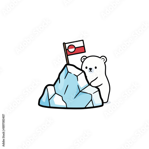 Polar bear on iceberg with small greenland flag