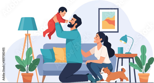 Family with baby, dog, and plants indoors