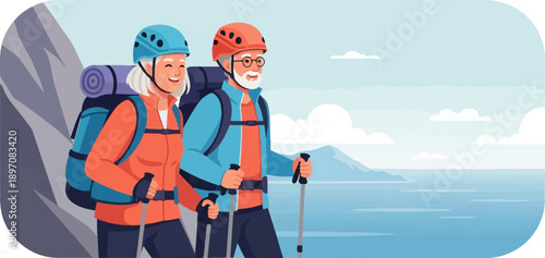 Elderly couple hiking with backpacks, poles, and helmets on rocky terrain