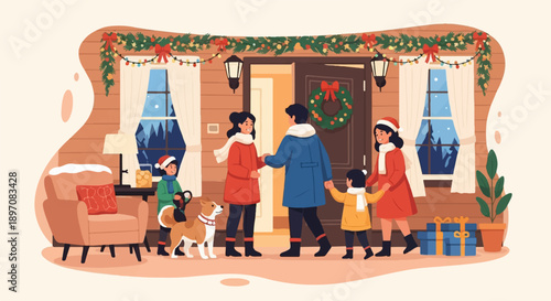 Family and dog arrive for Christmas, greeted by warm lights & festive decor