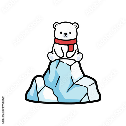 Polar bear with red scarf sitting on iceberg peak