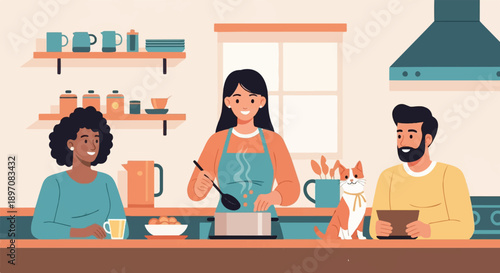 Family and cat in kitchen, woman cooking, man with tablet, shelves with dishes