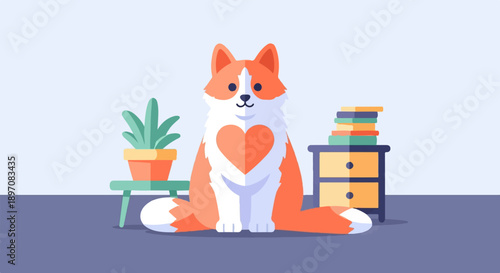 Fluffy fox with heart on chest sits beside potted plant and books