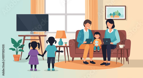 Family gathered in living room with modern technology and decor