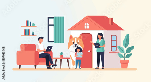 Family and dog at home, one person works on laptop, one girl holds tablet