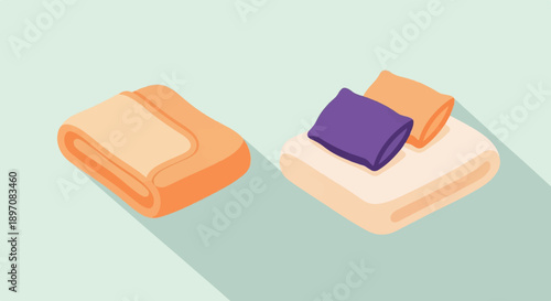Folded blankets and pillows in isometric view with long shadows
