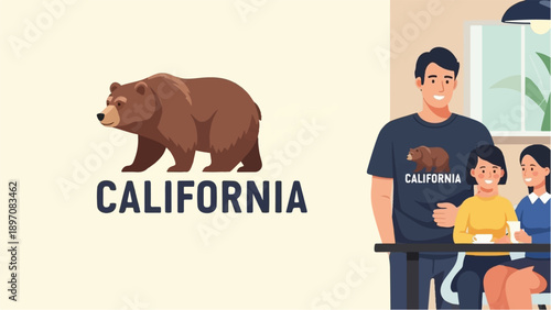 Family gathered around a table, with a California bear graphic