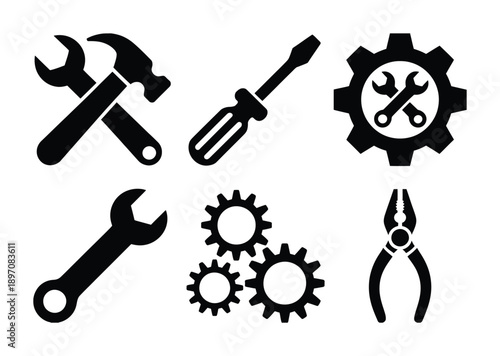 Collection of Black and White Icons Representing Tools and Mechanics