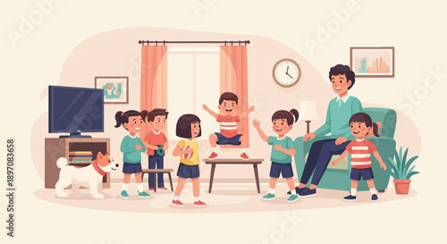 Family and dog enjoy fun time indoors with games and TV