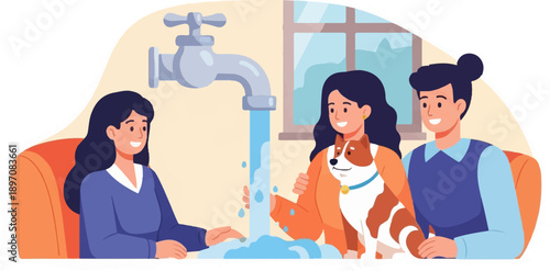 Family washing hands with dog, indoor scene