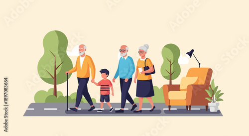 Family walks together on a path with trees and a chair