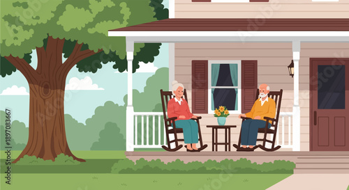 Elderly couple relaxing on porch swing near large tree, house exterior