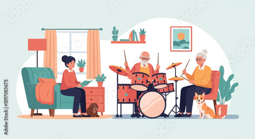 Family enjoys music and reading in a cozy living room with pets