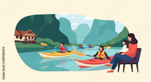 Family enjoys kayaking amidst stunning mountainous lake scenery with a lakeside house