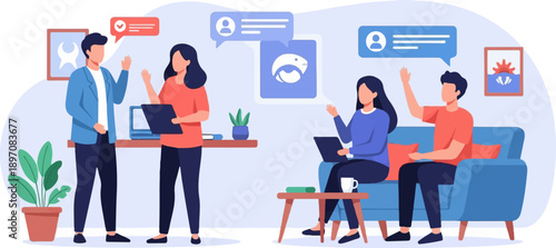 Diverse team collaborating remotely, communicating through digital messages