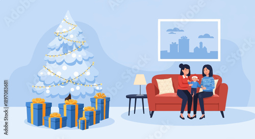 Family enjoys festive Christmas scene with tree, gifts, and cozy sofa
