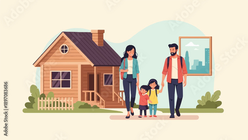 Family walking past their home towards a framed cityscape