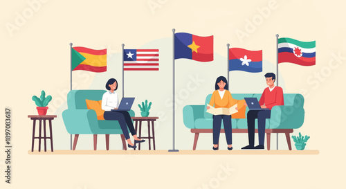 Diverse team collaborating remotely, surrounded by national flags