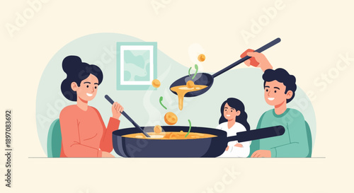 Family enjoys cooking a healthy meal together at home
